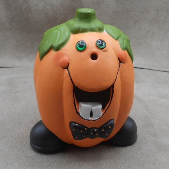 Vintage Ceramic Halloween Pumpkin Toothy Underbite Smile Bowtie 5.5" - Picture 2 of 9